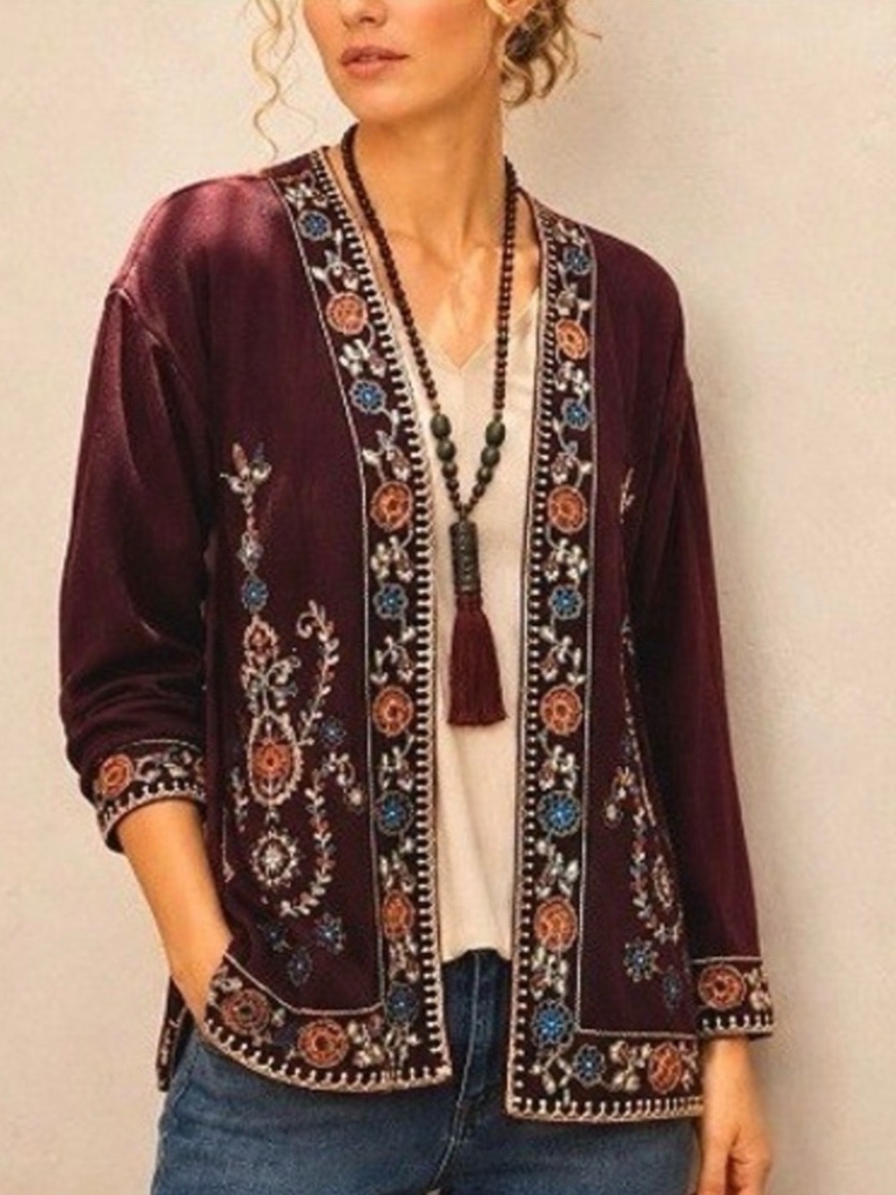 Boho Soft Surroundings Floral Embroidered Open-Front Cardigan Artsy Lagenlook S